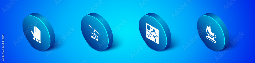 Set Isometric Christmas mitten, Folded map, Skates and Cable car icon. Vector Set Isometric Christmas mitten, Folded map, Skates and Cable car icon. Vector