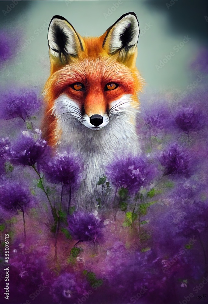 Fototapeta premium Drawing of a fox in beautiful flowers