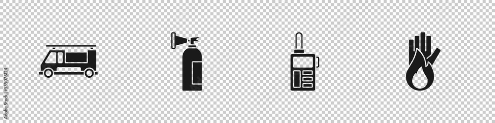Set Fire truck, extinguisher, Walkie talkie and No fire icon. Vector