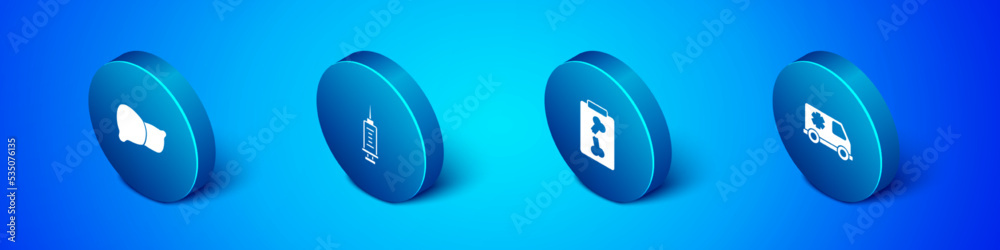 Set Isometric Human organ liver, X-ray shots, Emergency car and Syringe icon. Vector