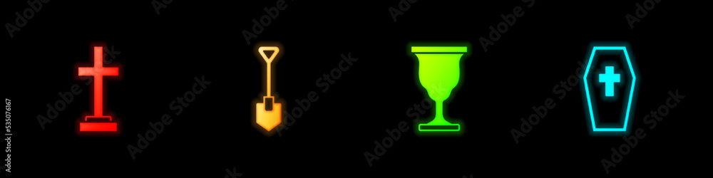 Obraz premium Set Grave with cross, Shovel, Christian chalice and Coffin icon. Vector