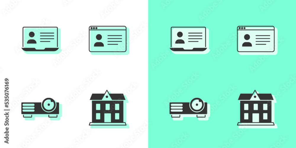 Set School building, Online class, Movie, film, media projector and icon. Vector Set School building, Online class, Movie, film, media projector and icon. Vector