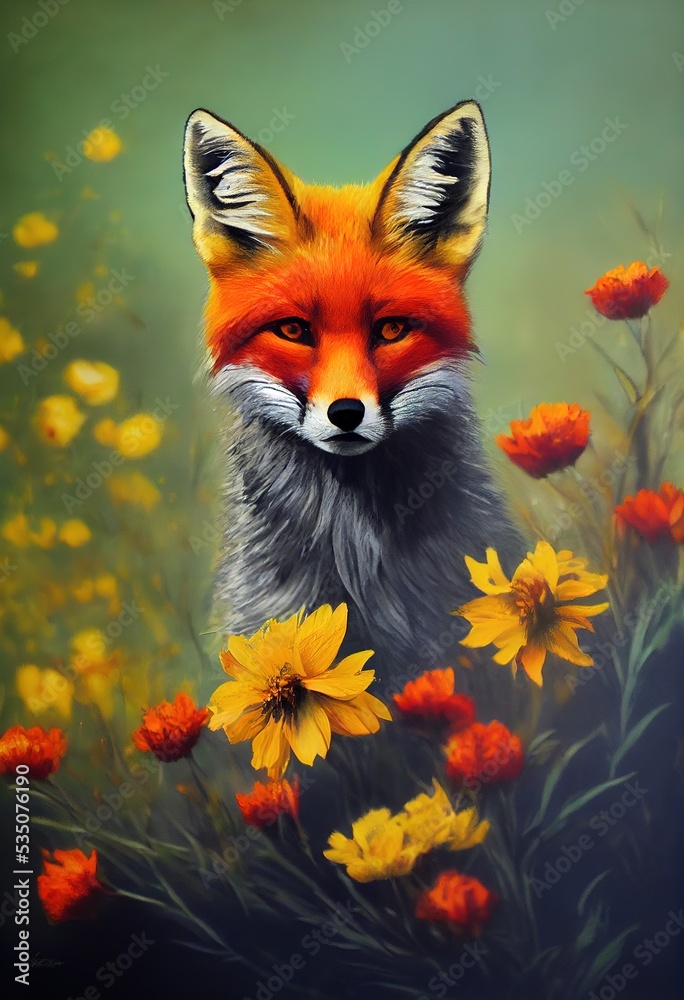 Fototapeta premium Drawing of a fox in beautiful flowers