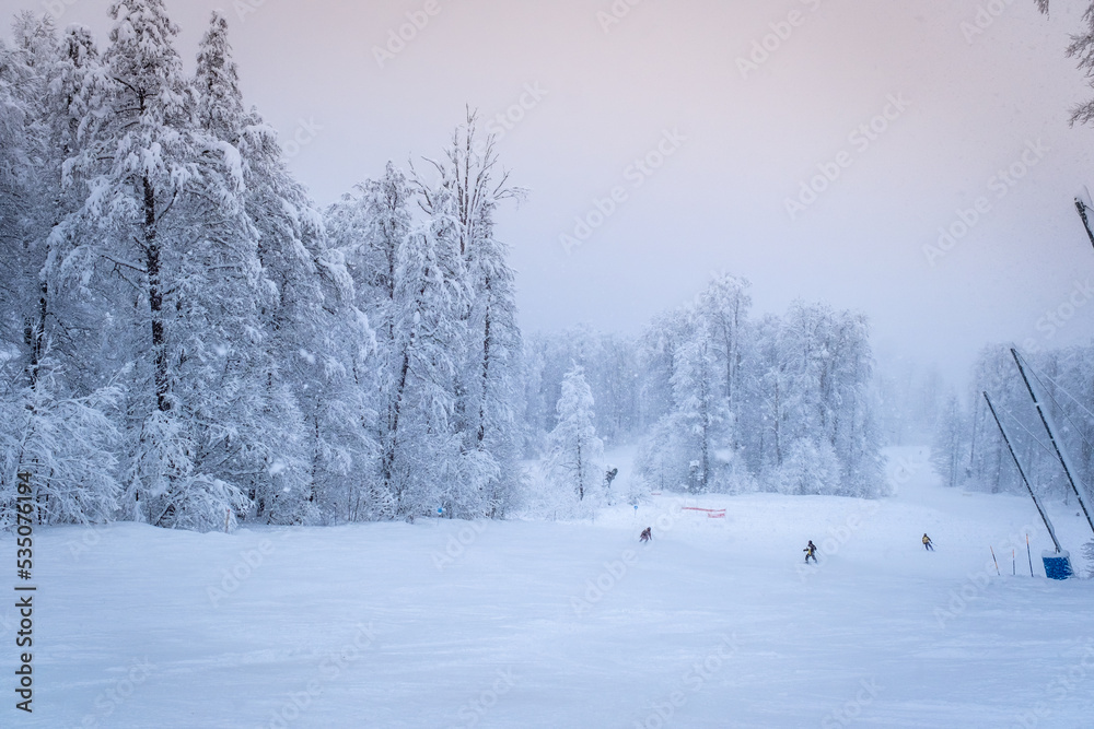 Obraz premium Winter Mountain landscape at the Rosa Khutor ski resort in Sochi, Russia. Trees in hoarfrost in a frosty morning.