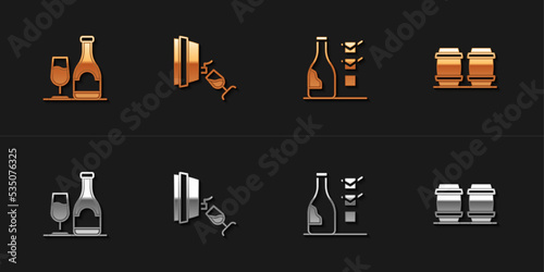 Set Wine bottle with glass, tasting, degustation, Bottle of wine and Wooden barrel for icon. Vector