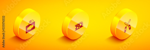 Set Isometric Cardboard box of wine, Cheese and Gardening scissors icon. Vector
