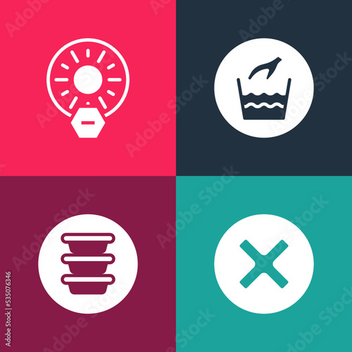Set pop art X Mark, Cross in circle, Bowl, Hand wash laundry and No direct sunlight icon. Vector