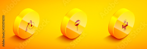Set Isometric Vintage bicycle, Lollipop and Attraction carousel icon. Vector