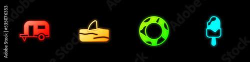 Set Rv Camping trailer, Shark fin ocean wave, Rubber swimming ring and Ice cream icon. Vector