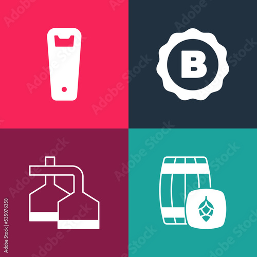 Set pop art Wooden barrel, Beer brewing process, Bottle cap with beer and opener icon. Vector