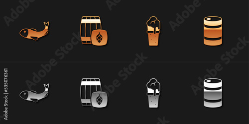 Set Dried fish, Wooden barrel, Glass of beer and Metal keg icon. Vector