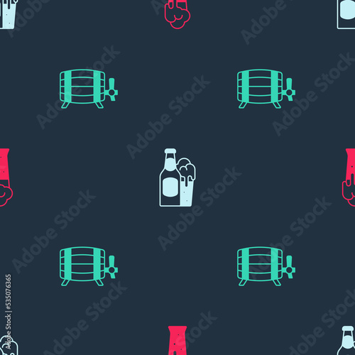 Set Glass of beer, Beer bottle and glass and Wooden barrel on seamless pattern. Vector