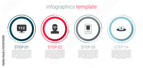 Set Telephone call 112, Thief mask, Police badge with id case and Sheriff hat. Business infographic template. Vector