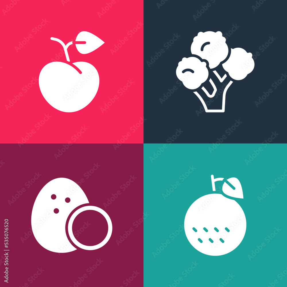Set pop art Orange fruit, Coconut, Broccoli and Peach or nectarine icon. Vector