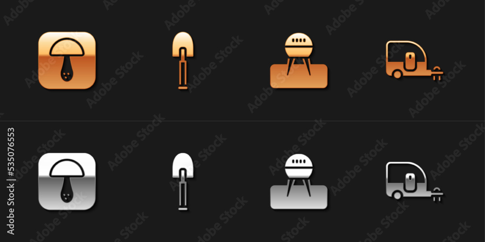 Set Mushroom, Shovel, Barbecue grill and Rv Camping trailer icon. Vector Set Mushroom, Shovel, Barbecue grill and Rv Camping trailer icon. Vector