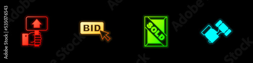 Set Hand holding auction paddle, Bid, Auction painting sold and hammer icon. Vector