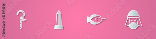 Set paper cut Crook, Obelisk of Alexandria, Butterfly fish and Egyptian man icon. Paper art style. Vector