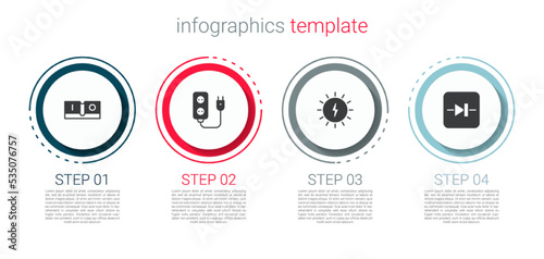 Set Electric light switch, extension, Solar energy panel and Diode in electronic circuit. Business infographic template. Vector