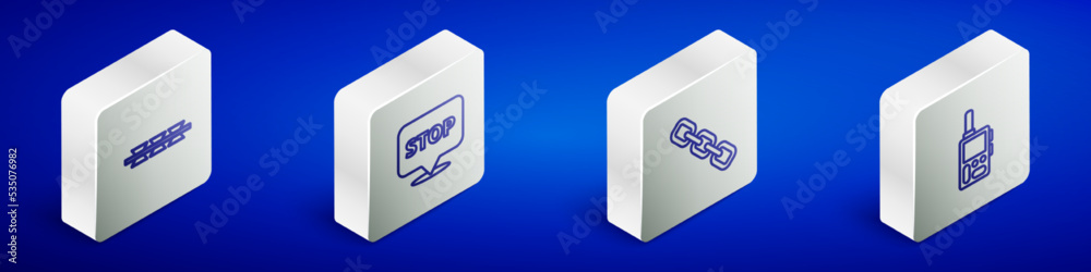 Set Isometric line Barbed wire, Protest, Chain link and Walkie talkie icon. Vector