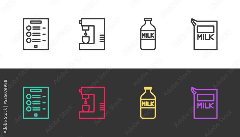 Set line Coffee menu, machine, Bottle with milk and Paper package for on black and white. Vector