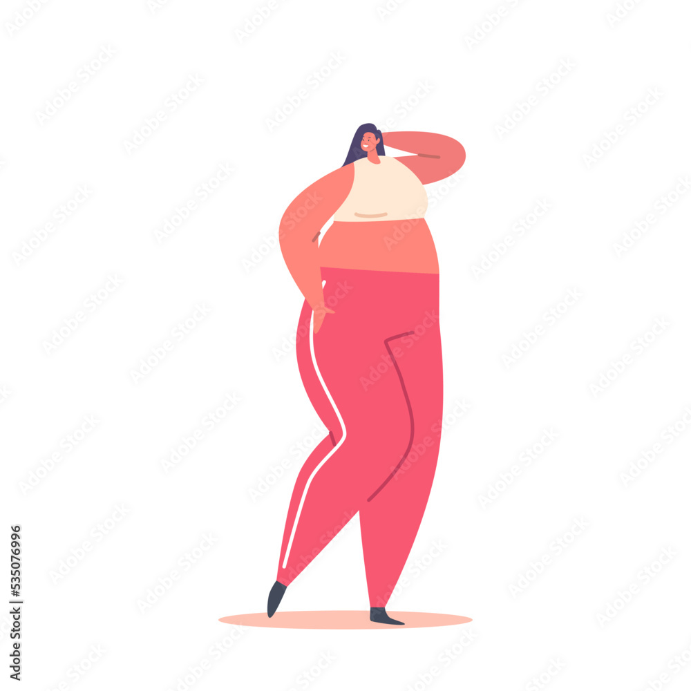 Plus Size Woman Dressed in Sportswear Red Pants and Short Top. Female Character Body Positive, Love Your Body Concept Plus Size Woman Dressed in Sportswear Red Pants and Short Top. Female Character Body Positive, Love Your Body Concept