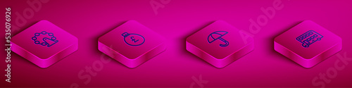 Set Isometric line London eye, Money bag with pound, Umbrella and Double decker bus icon. Vector