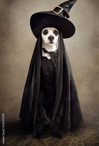 Cute dog dressed as a witch for Halloween, 3D illustration