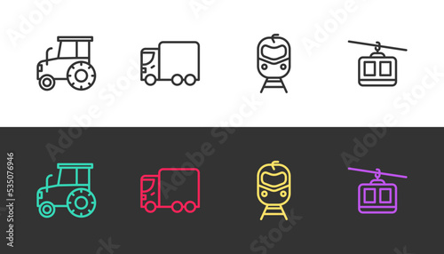 Set line Tractor, Delivery cargo truck, Train and railway and Cable on black and white. Vector