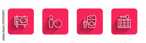 Set line Amusement park billboard, Bowling pin and ball, Popcorn box glass and Arcade game machine with long shadow. Red square button. Vector