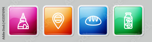 Set line The Tsar bell, Location Russia, Bread loaf and Pickled cucumbers in jar. Colorful square button. Vector