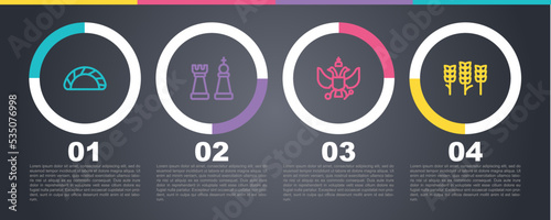 Set line Dumpling, Chess, National emblem of Russia and Wheat. Business infographic template. Vector