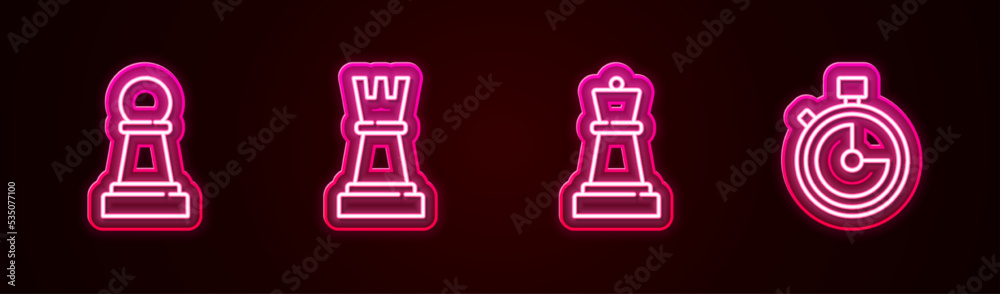 Set line Chess, , and Stopwatch. Glowing neon icon. Vector