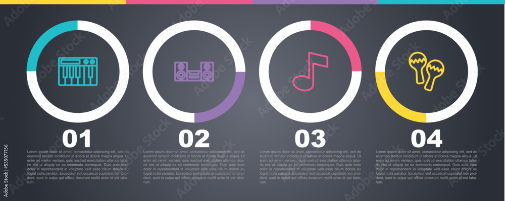 Set line Music synthesizer, Home stereo, note, tone and Maracas. Business infographic template. Vector Set line Music synthesizer, Home stereo, note, tone and Maracas. Business infographic template. Vector