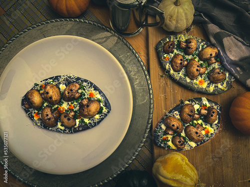 Skull mushroom Mexican Tlacoyos to celebrate the dinner of dead day photo