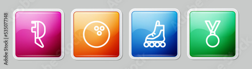 Set line Fencing helmet mask, Bowling ball, Roller skate and Medal. Colorful square button. Vector