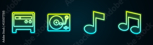 Set line Guitar amplifier, Vinyl player with vinyl disk, Music note, tone and . Glowing neon icon. Vector