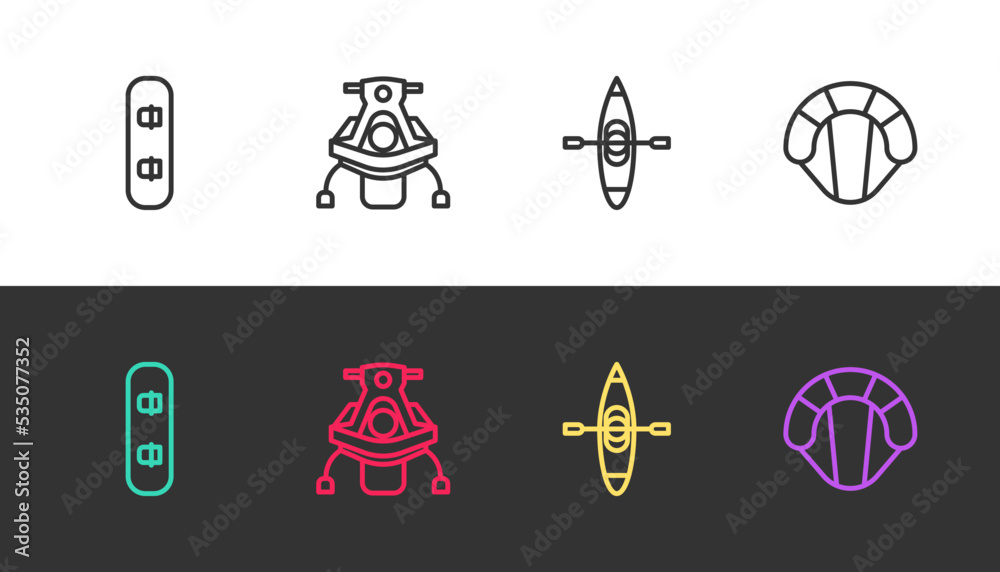 Set line Snowboard, Snowmobile, Kayak or canoe and Parachute on black and white. Vector