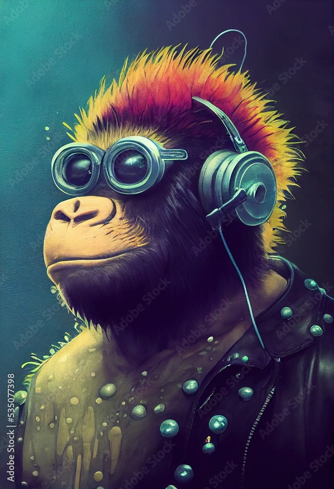 Portrait of a punk monkey. Monkey rock musician. Hipster monkey with a ...