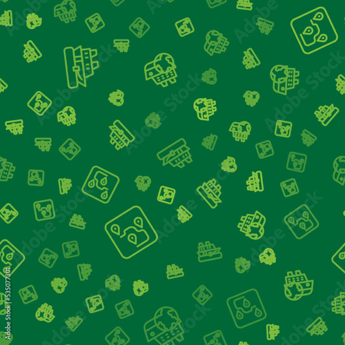 Set line Cruise ship, Route location and on seamless pattern. Vector