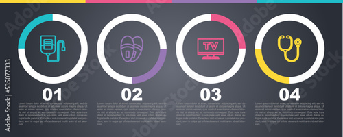 Set line IV bag, Slippers, Smart Tv and Stethoscope. Business infographic template. Vector