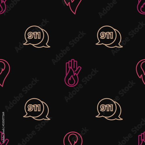 Set line Fire flame, Telephone call 911 and No fire on seamless pattern. Vector