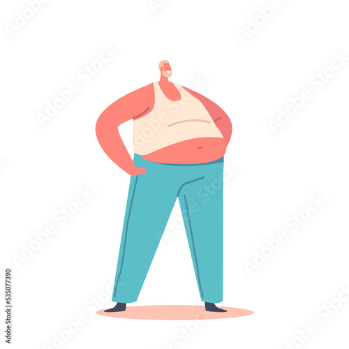 Fat Man with Huge Belly Stand with Arms Akimbo Isolated on White Background. Overweight Male Character Illustration