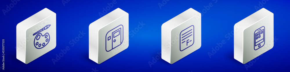 Set Isometric line Paint brush with palette, School classroom, Exam paper incorrect answers and Smartphone icon. Vector Set Isometric line Paint brush with palette, School classroom, Exam paper incorrect answers and Smartphone icon. Vector