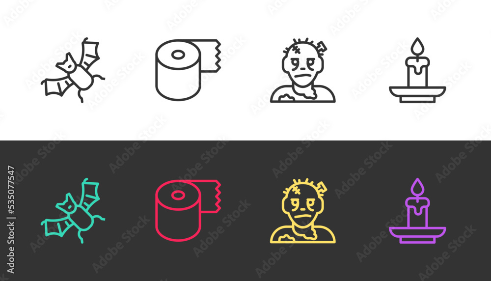 Set line Flying bat, Toilet paper roll, Zombie mask and Burning candle on black and white. Vector Set line Flying bat, Toilet paper roll, Zombie mask and Burning candle on black and white. Vector
