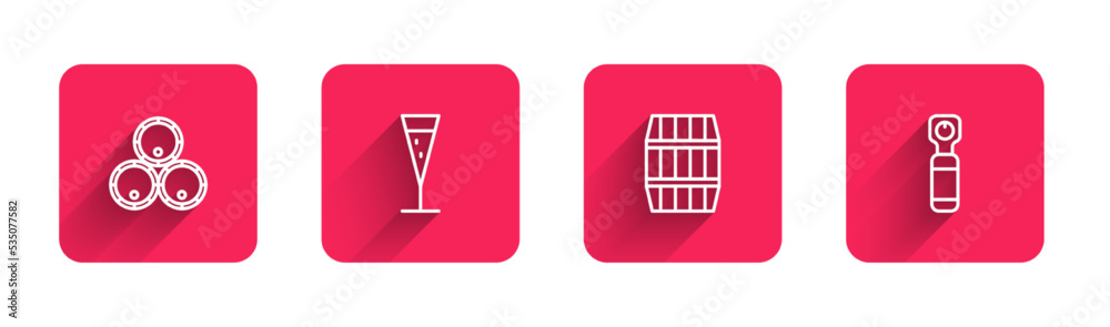 Set line Wooden barrels, Glass of champagne, and Bottle opener with long shadow. Red square button. Vector Set line Wooden barrels, Glass of champagne, and Bottle opener with long shadow. Red square button. Vector