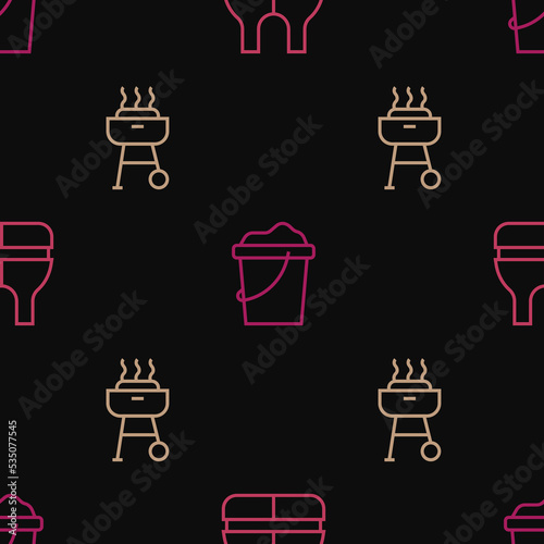 Set line Life jacket, Barbecue grill and Sand in bucket on seamless pattern. Vector