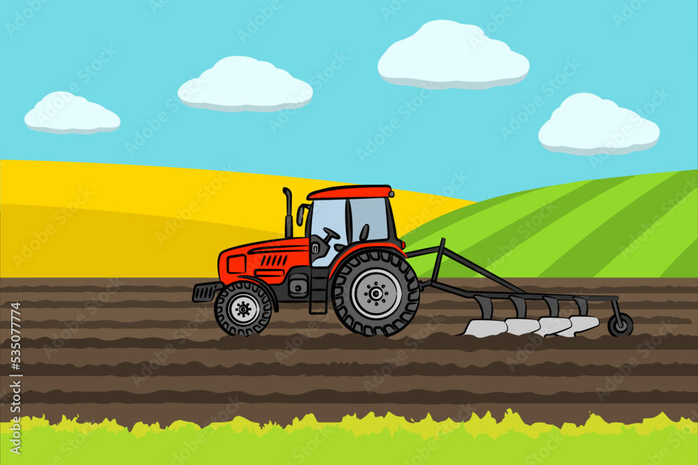 Obraz premium The red tractor on the field. Tractor plowing the field on rural farm landscape hill background. Soil cultivation process. Country side landscape. Farmland vector illustration.