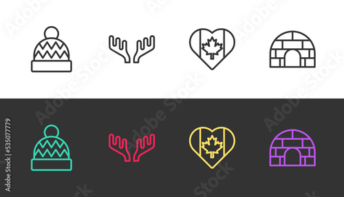 Set line Beanie hat, Deer antlers, Heart shaped Canada flag and Igloo ice house on black and white. Vector