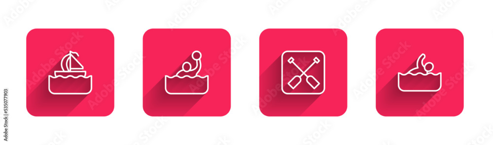 Set line Yacht sailboat, Water polo, Paddle and Swimmer with long shadow. Red square button. Vector Set line Yacht sailboat, Water polo, Paddle and Swimmer with long shadow. Red square button. Vector
