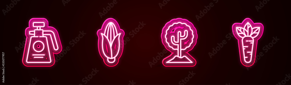 Set line Garden sprayer for fertilizer, Corn, Tree and Carrot. Glowing neon icon. Vector Set line Garden sprayer for fertilizer, Corn, Tree and Carrot. Glowing neon icon. Vector
